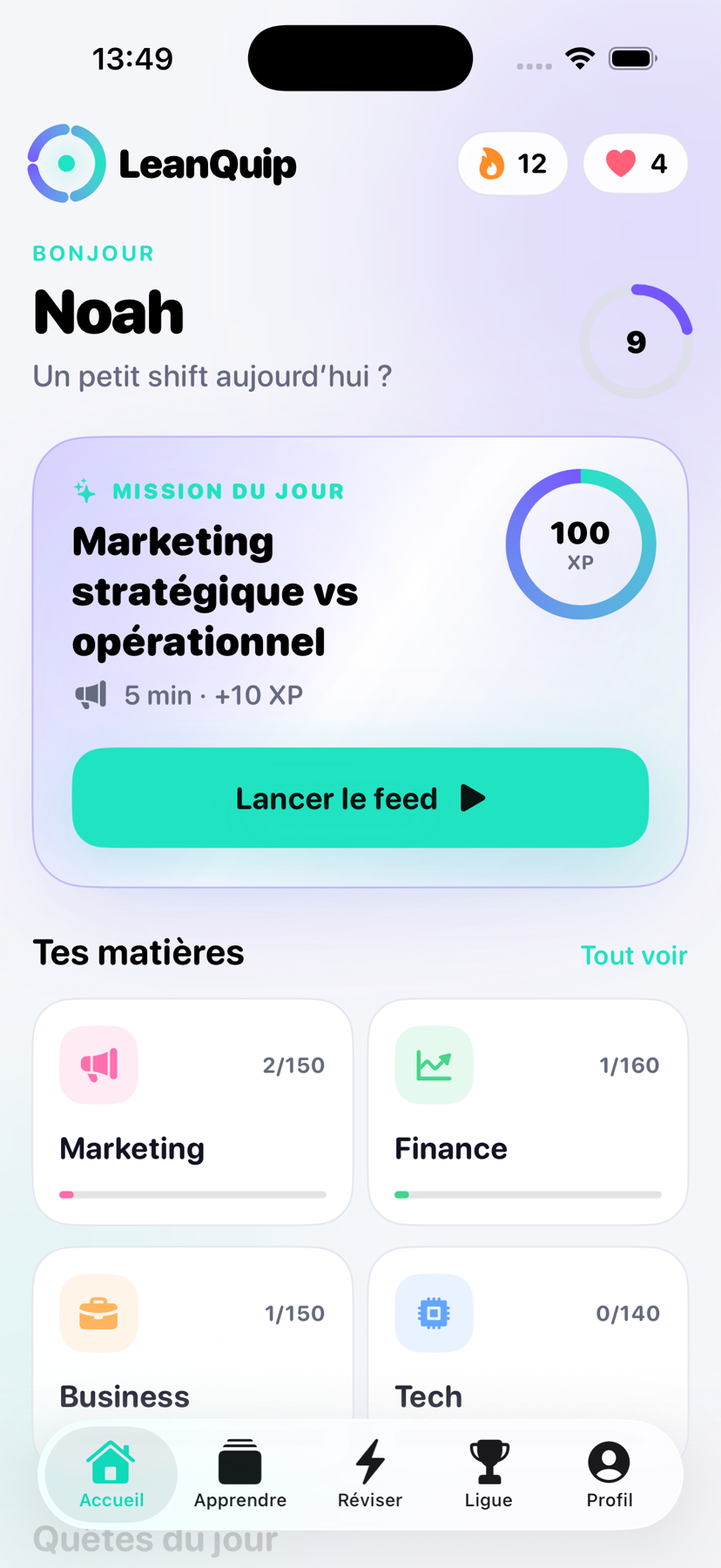 Écran d’accueil de Leanquip avec une mission du jour